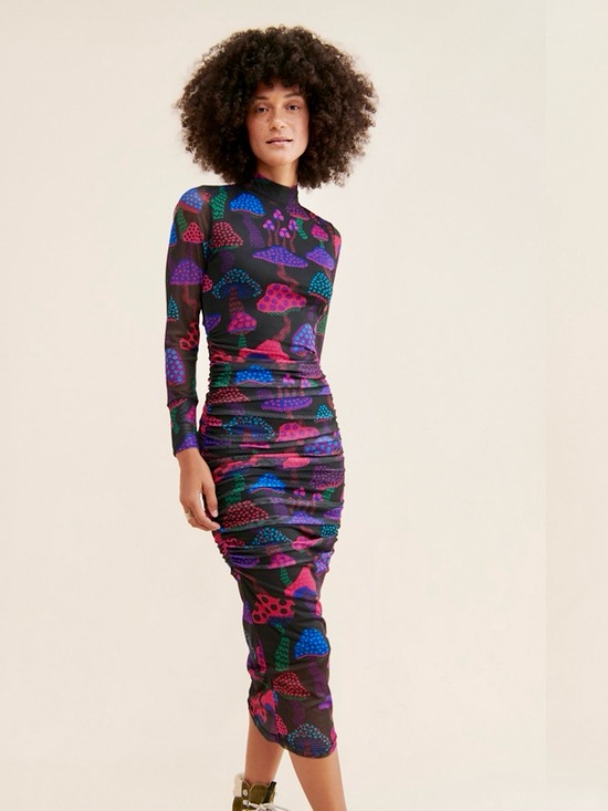 FARM Rio Dresses & Skirts - Farm Rio Black Long-Sleeve Mushroom Print Ruched Bodycon Dress